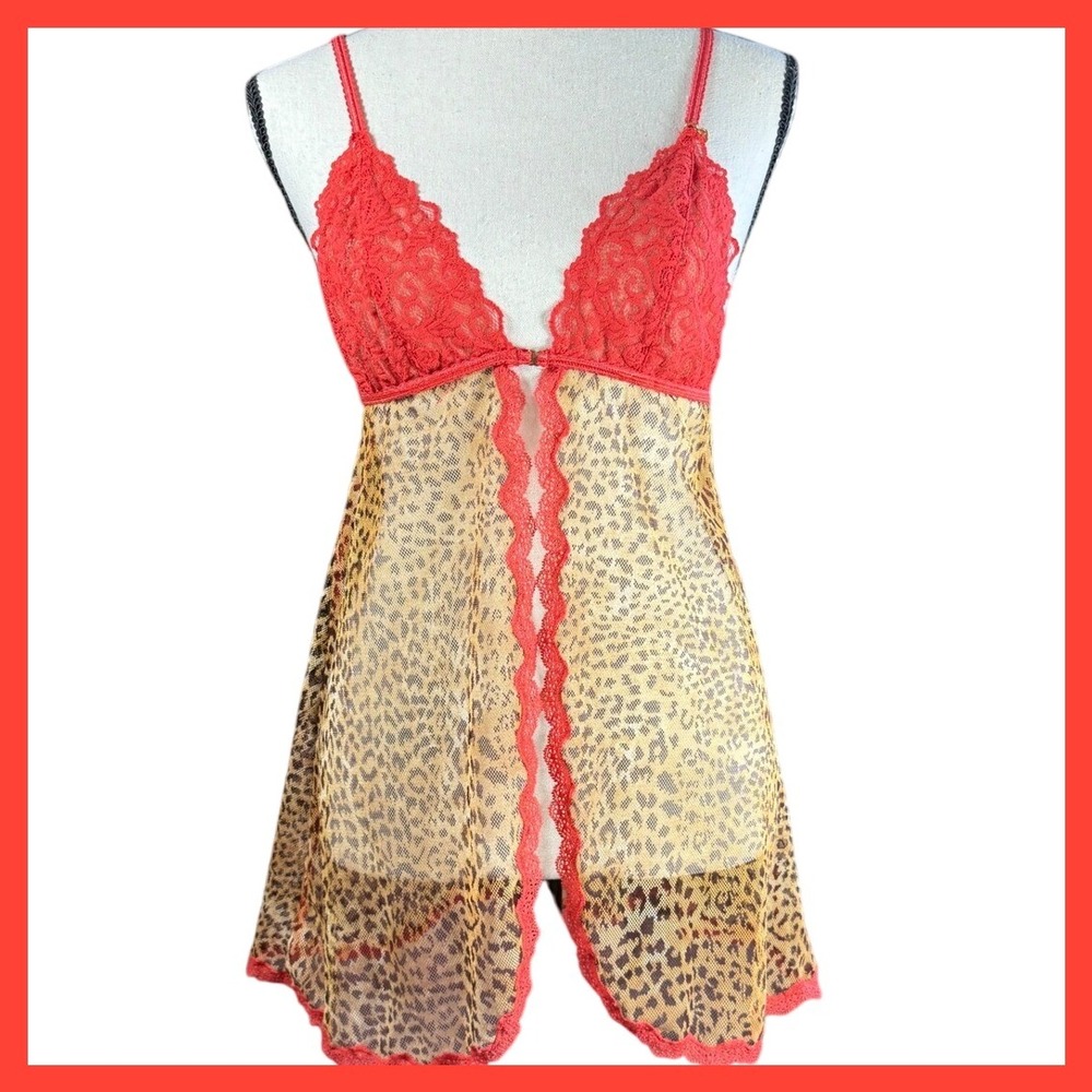 Victoria's Secret Very‎ Sexy Orange Lace Leopard Print Babydoll Lingerie